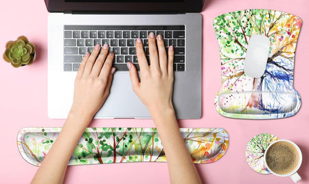 Ergonomic Mouse Pad with Wrist Rest Support and Keyboard Wrist Rest Pad, Cute Wrist Pad with Non-Slip Rubber Base and Raised Memory Foam, Easy Typing & Pain Relief, Four Seasons Tree