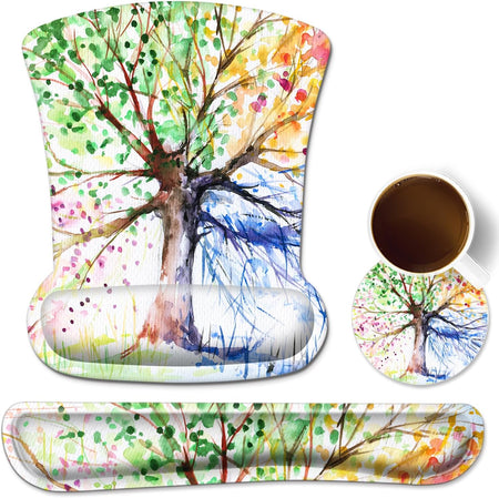Ergonomic Mouse Pad with Wrist Rest Support and Keyboard Wrist Rest Pad, Cute Wrist Pad with Non-Slip Rubber Base and Raised Memory Foam, Easy Typing & Pain Relief, Four Seasons Tree