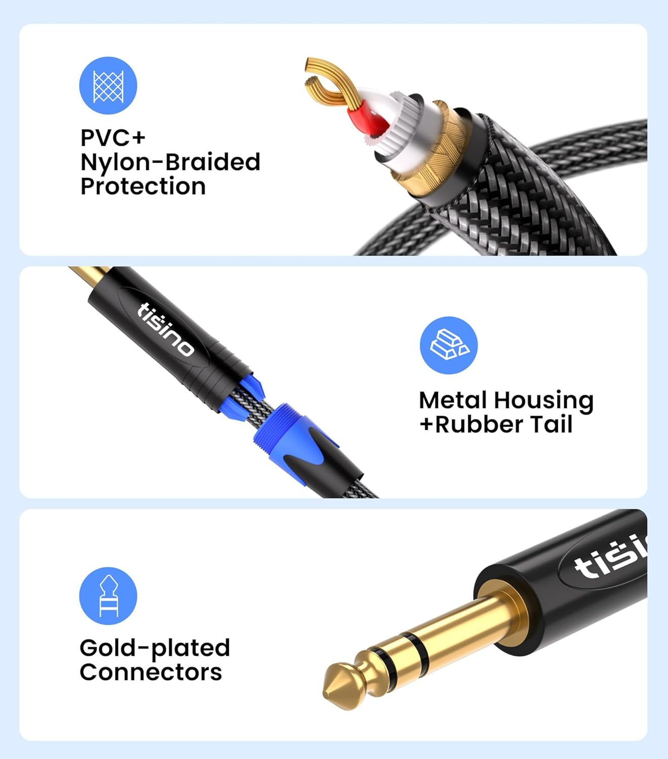 1/4 Inch TRS Cable, Quarter Inch 1/4 TRS to TRS Balanced Stereo Audio Cable Male to Male Pro Interconnect Cable, Nylon Braid - 3 FT
