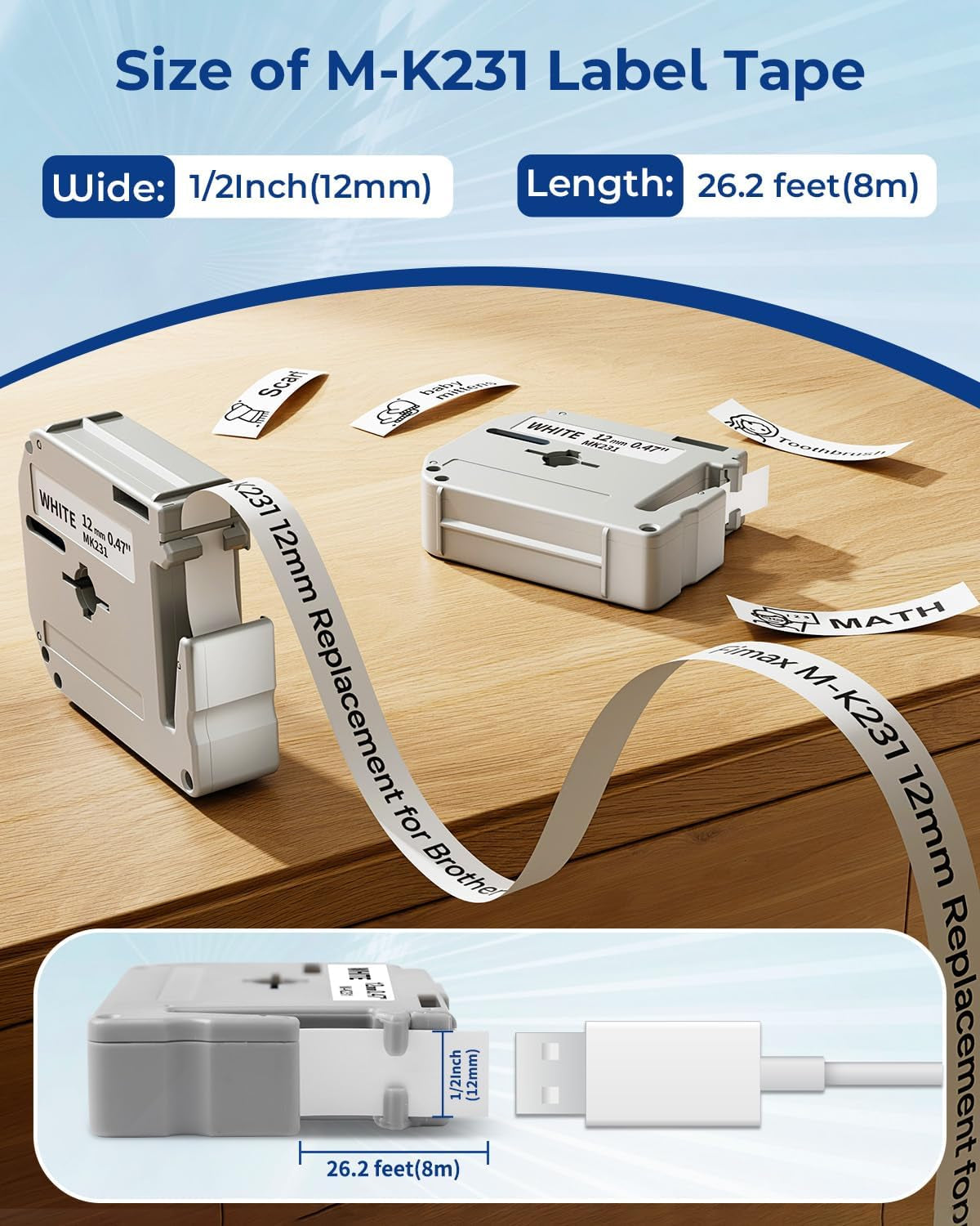 Compatible Label Tape Replacement for Brother P Touch M Tape M231 MK231 MK-231 12Mm 0.47 Inch to Use with Brother P Touch PT-M95, PT-90, PT-70, PT-65, PT-85, Black on White, 26.2 Feet, 3-Pack