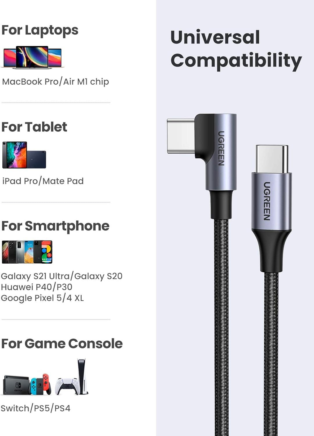 60W USB C to USB C Cable 2Pack Right Angle USB C Fast Charging Cable Compatible with Iphone 15/15 Plus/15 Pro/15 Pro Max/Macbook Pro/Ipad Pro/Samsung Galaxy S23/S22/Z Fold/Z Flip Etc. 6.6FT