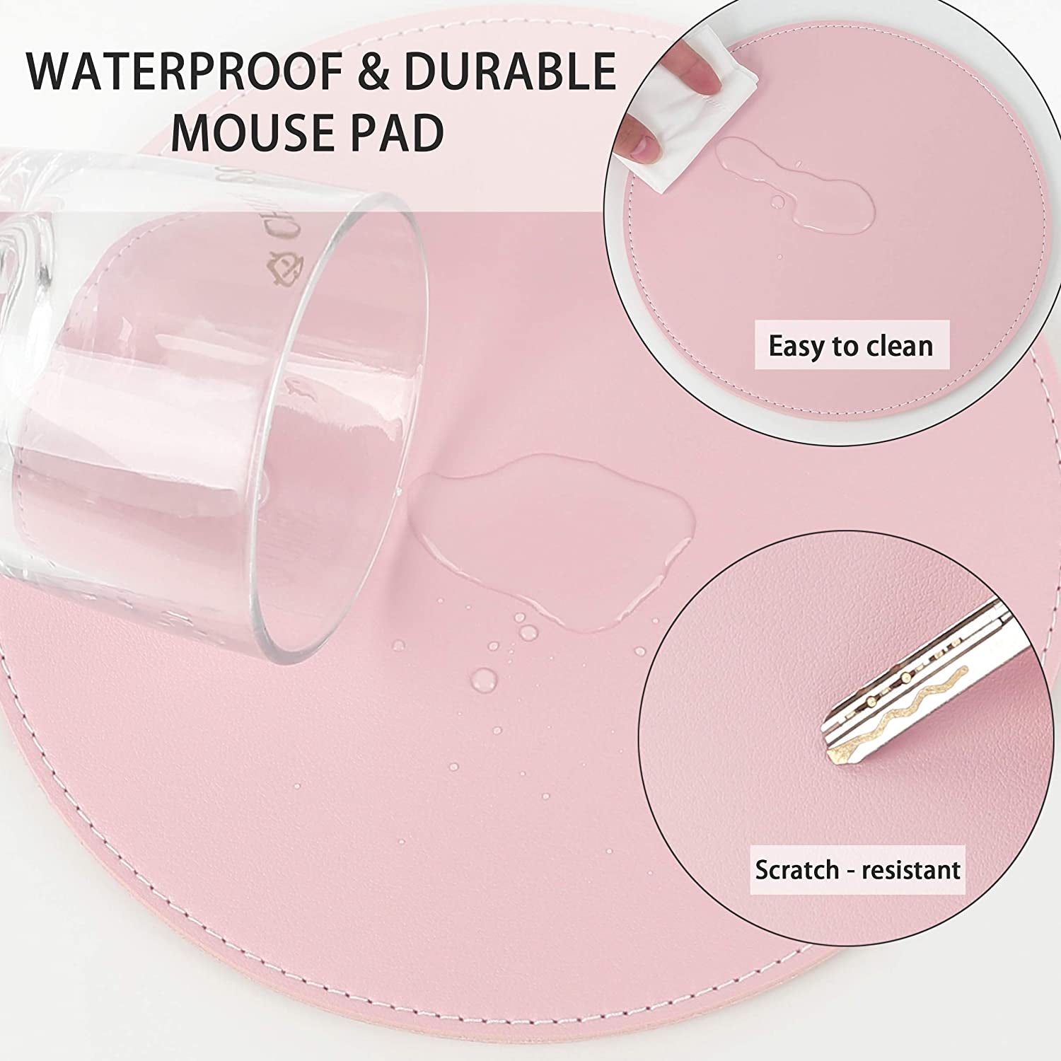 2 Pack Mouse Pads, Ultra Thin Waterproof PU Leather Mouse Pad,Stitched Edges,Works for Computers, Laptop,All Types of Mouse Pad, Office/Home(8.66'', 2 Pack, Pink)