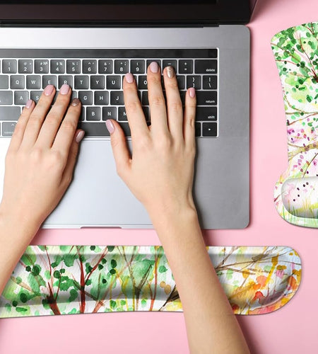 Ergonomic Mouse Pad with Wrist Rest Support and Keyboard Wrist Rest Pad,  Cute Wrist Pad with Non-Slip Rubber Base and Raised Memory Foam, Easy Typing & Pain Relief, Four Seasons Tree