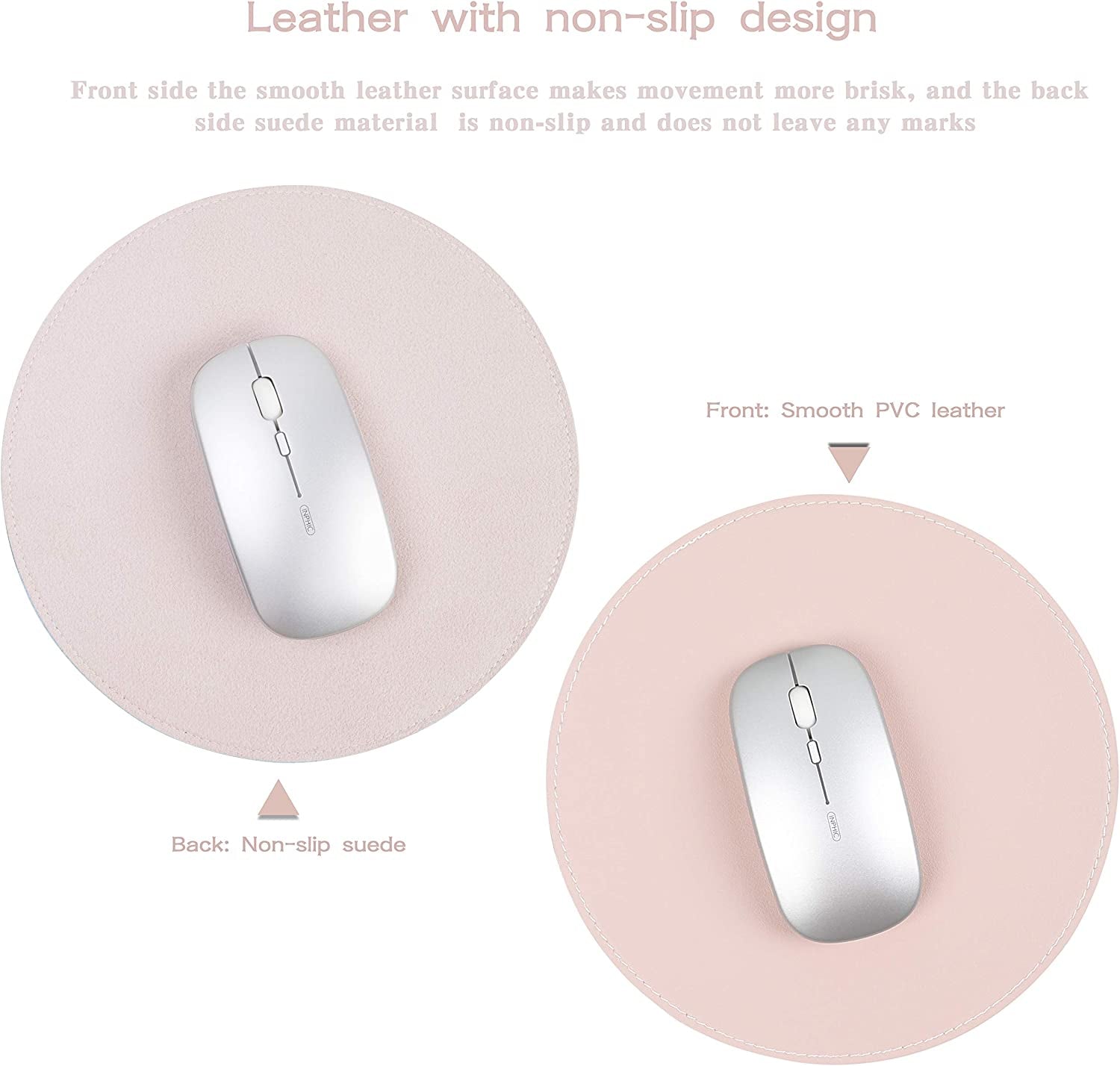 2 Pack Mouse Pads, Ultra Thin Waterproof PU Leather Mouse Pad,Stitched Edges,Works for Computers, Laptop,All Types of Mouse Pad, Office/Home(8.66'', 2 Pack, Pink)
