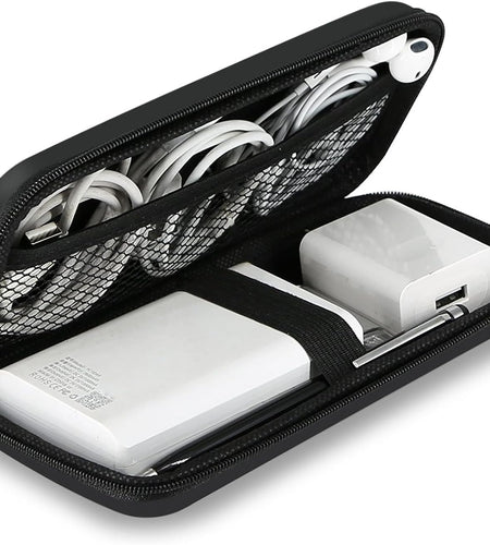 Shockproof Carrying Case Hard Protective EVA Case Impact Resistant Travel 12000Mah Bank Pouch Bag USB Cable Organizer Earbuds Sleeve Pocket Accessory Smooth Coating Zipper Wallet Black