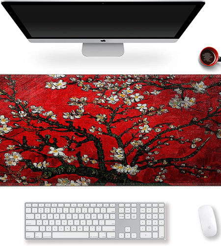 Extended Gaming Mouse Pad XXL  Large Keyboard Mat Long Mousepad Desk Decor Writing Pad Non Slip Rubber Base Stitched Edges for Work, Game, Office, Home, 35.1" X 15.7", Red Van Gogh Painting