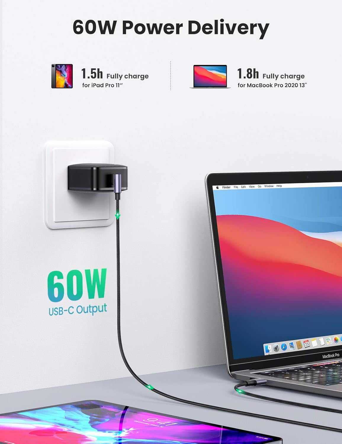 60W USB C to USB C Cable 2Pack Right Angle USB C Fast Charging Cable Compatible with Iphone 15/15 Plus/15 Pro/15 Pro Max/Macbook Pro/Ipad Pro/Samsung Galaxy S23/S22/Z Fold/Z Flip Etc. 6.6FT