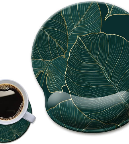 Ergonomic Mouse Pad with Wrist Support Gel Mouse Pad with Wrist Rest, Comfortable Computer Mouse Pad for Laptop, Pain Relief Mousepad with Non-Slip Rubber Base,Green Leaves